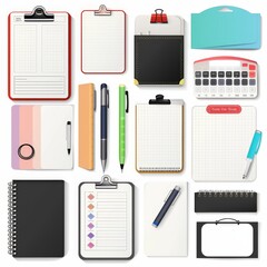 A collection of office supplies, including clipboards, notebooks, and pens, isolated on a white background.
