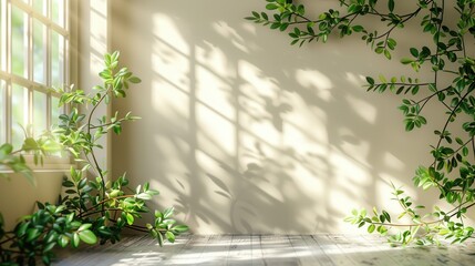 White Wall with Shadow of Green Leaves and Plants by the Window