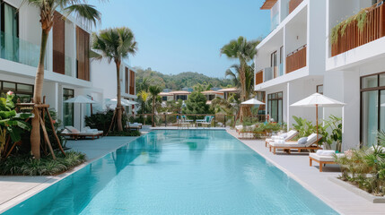 Fototapeta premium Poolside accommodation at luxury hotel resort for healing vacation