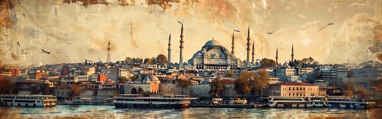 Obraz premium Skyline of the Old City at the Western Wall, the wailing wall, and Temple Mount in front of beautiful sunset, Jerusalem, Israel. Paper texture. AI generated illustration