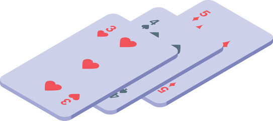 Three playing cards are showing hearts, spades and diamonds suits in isometric view