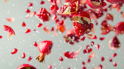 Fototapeta premium Pomegranate pieces falling in the air, water droplets floating around, light gray background, splash