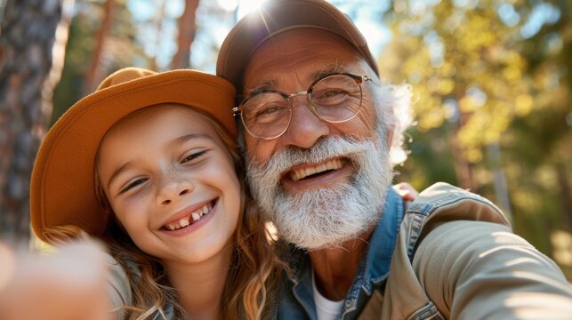 A happy relaxing grandfather and grandchild cute kid selfie with smartphone together while they travel on family holiday trip. 