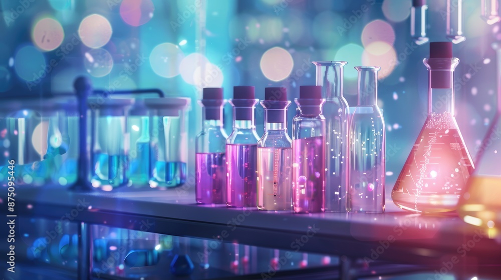 Poster blurred background with science theme featuring test tubes and desk science research idea