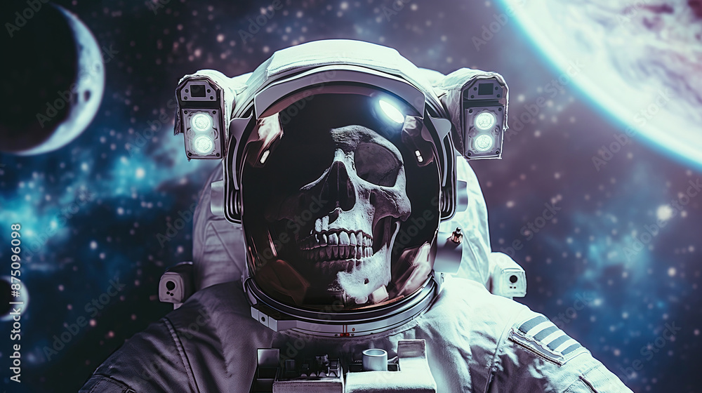 Wall mural astronaut helmet with skull floating in open space. wallpaper background