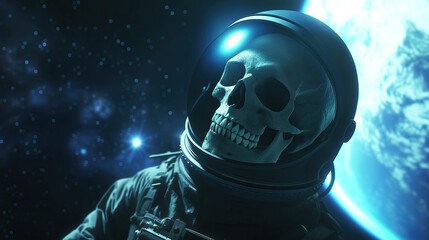 astronaut helmet with skull floating in open space. wallpaper background