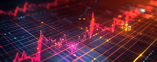 Heartbeat monitor-inspired stock movement graph, highlighting the pulse of the market with vibrant spikes and dips on a high-tech grid interface.
