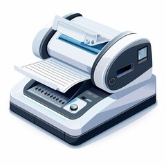 A white and grey office machine with a paper sheet feeding through it.