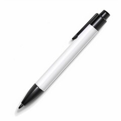 A white pen with a black clip and tip, isolated on a white background.