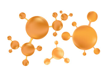 Beige, brown, gold molecule set of hyaluronic acid or collagen, nano 3D cell, vector bio scientific icon. Cosmetology treatment isolated elements. Beauty science skin care molecular concept