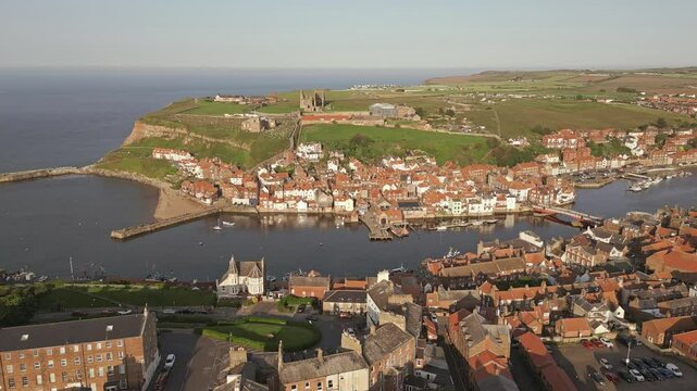 Whitby harbour town aerial from across the River Esk, North Yorkshire, England
