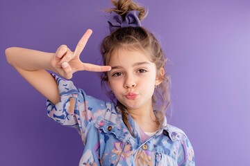 Obraz premium A portrait of a charming young girl taking a selfie, making a V-sign, dressed in a shirt against a purple background