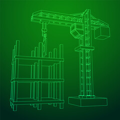 Construction crane tower. Building under construction industrial concept. Wireframe low poly mesh vector illustration.