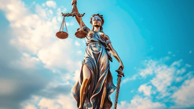 Statue of Lady justice, Themis sculpture over clear blue sky with copy space. Law concept. Legal law, advice and justice concept. Themis sculpture over clear blue sky with copy space, footage