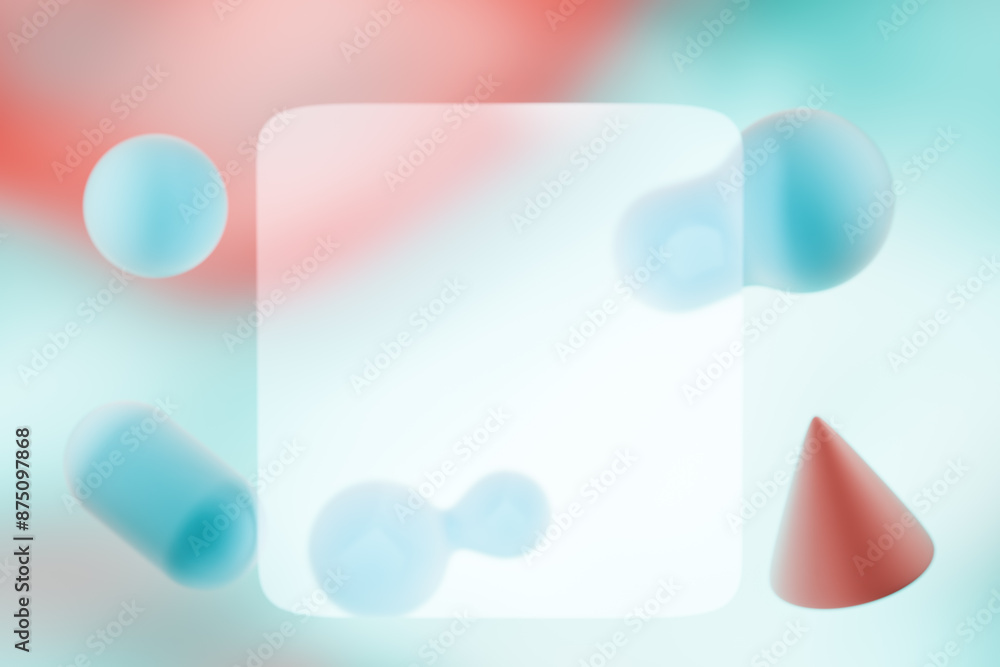 Poster abstract shapes in soft focus with a pastel color palette of blue, red and white.glassmorphism 3d re