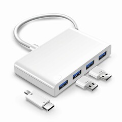White USB hub with multiple ports, including USB-C, HDMI, and USB-A, isolated on white background.