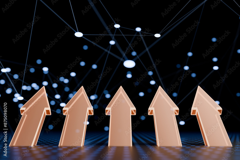 Poster five upward arrows with digital network background, symbolizing growth and connectivity. 3d renderin