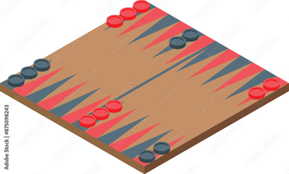 Poster Isometric view of a backgammon board with playing pieces in the middle of a game