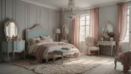 Soft and feminine interior design ideas, shabby chic bedroom with daylight, white and pastel colors, distressed furniture, and cozy vintage decor