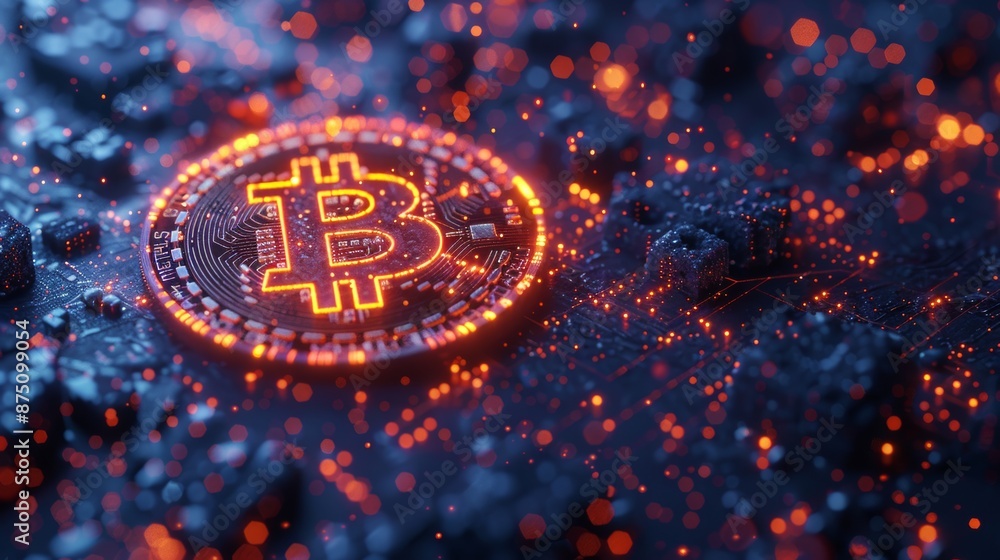 Poster a modern coin illustration with the bitcoin symbol, featuring digital patterns in the background.