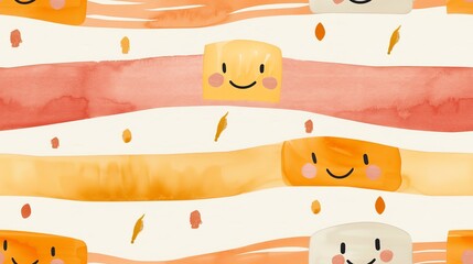 Cute seamless pattern with smiling blocks and abstract stripes in warm tones, featuring a whimsical and playful design.
