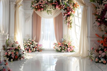 Background wedding with floral and view outside from windown generative AI	