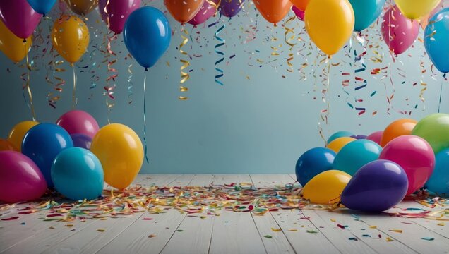 A vibrant birthday celebration background with color balloons, confetti, and streamers, with a clear white copy space in the center for a personalized message