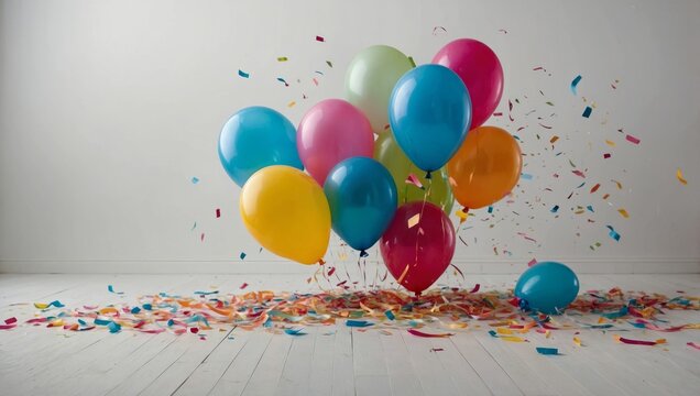 A vibrant birthday celebration background with color balloons, confetti, and streamers, with a clear white copy space in the center for a personalized message