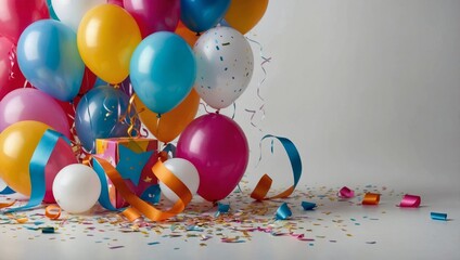A cheerful birthday card background featuring a mix color party elements like balloons, ribbons, and stars, with an empty white area in the center for custom greetings