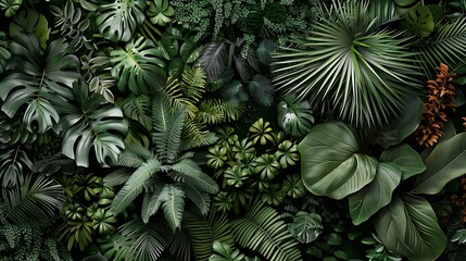 Lush and Vibrant Green Tropical Leaves and Plants Create a Dense Jungle-Like Backdrop