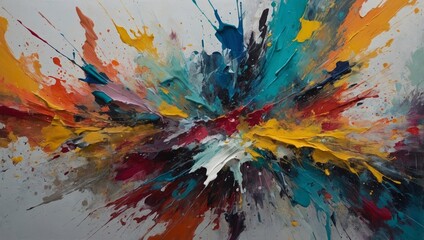 An abstract painting with a mix of textured brushstrokes, splatters, and overlapping layers of muted and bright hues, evoking a sense of spontaneity and artistic expression
