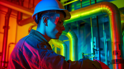 Technician using AI-enhanced thermal imaging to detect equipment issues, vivid thermal colors, bottom third copy space