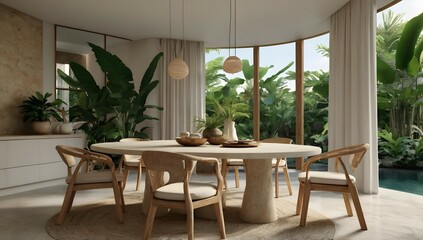 Fototapeta premium Ultra realistic photo of Modern take on upscale bali inspired small condo white cream stone, light wood round arches interor view of k8tchen table set with tropical foliage