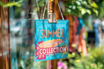 A vibrant SUMMER COLLECTION sign hangs on the glass window or door of a store, visible from the outside. It advertises retail fashion market promotions, clothing sale discounts, and special offers