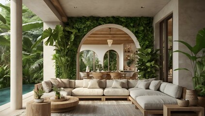 Ultra realistic  photo of Modern take on upscale bali inspired small condo white cream stone, light wood round arches interor view of deck  with tropical foliage