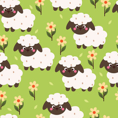 seamless pattern cartoon sheep and flower. cute animal wallpaper for fabric print, gift wrap paper