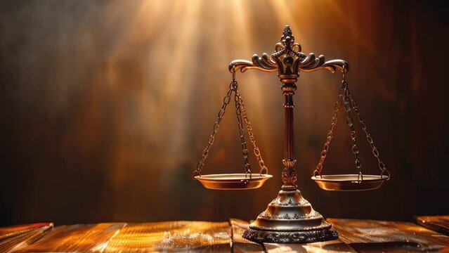 Legal office of lawyers, justice and law concept : Retro balance scale of justice on a desk in a courtroom, depicting giving fair and objective consideration to all evidence, without showing bias.