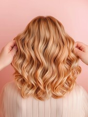 Fototapeta premium Woman having her hair curled with a curling iron for soft waves, [hair curling], [wavy style]