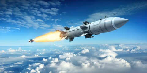 Fototapeta premium A photo of a missile soaring through the sky with clouds in view. The sleek design is accentuated against the blue background, and a powerful jet flame emanates from the back end. Space travel concept