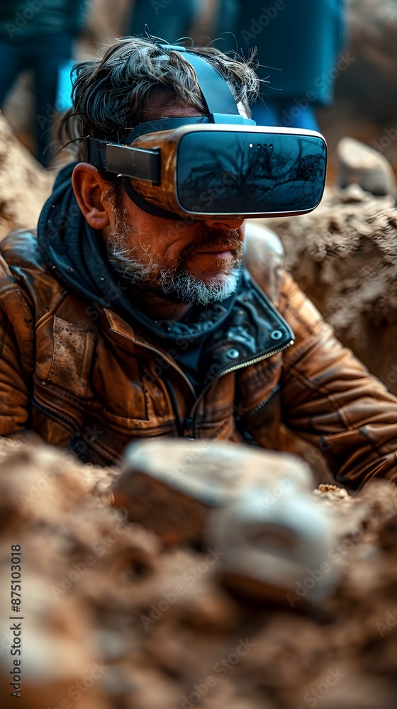 Poster archaeologist using vr headset to virtually uncover ancient artifacts