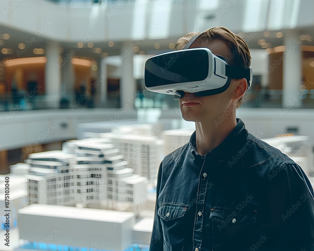 Poster architect exploring virtual building model through head mounted display
