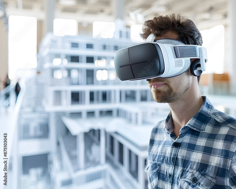 Poster architect exploring virtual building model with vr glasses concept