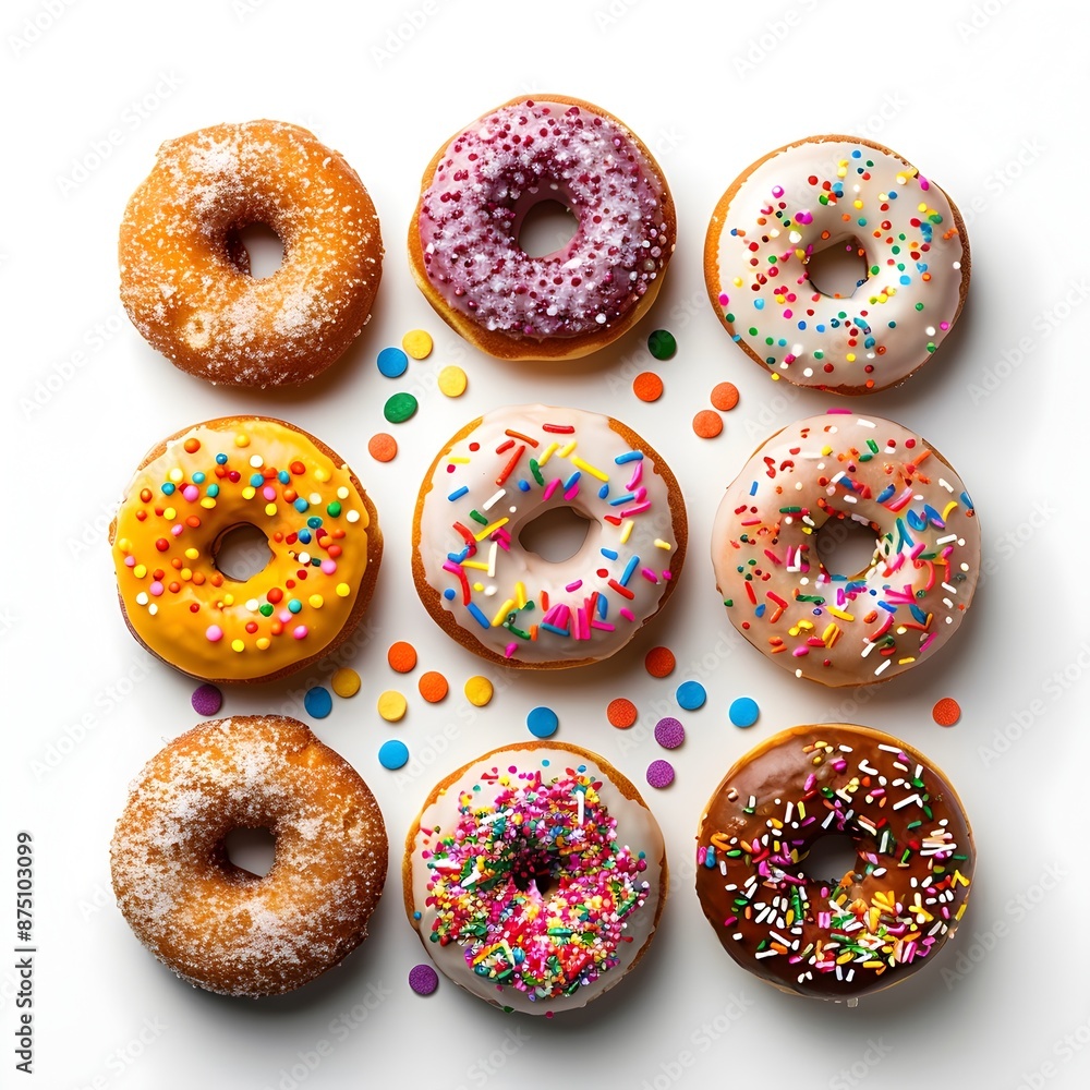 Poster assorted glazed donuts with colorful sprinkles arranged in a circle on white background