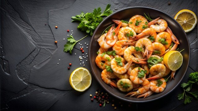 Sauteed shrimps and prawns seasoned with garlic, herbs, and lemon, displayed on a black background with copy space image