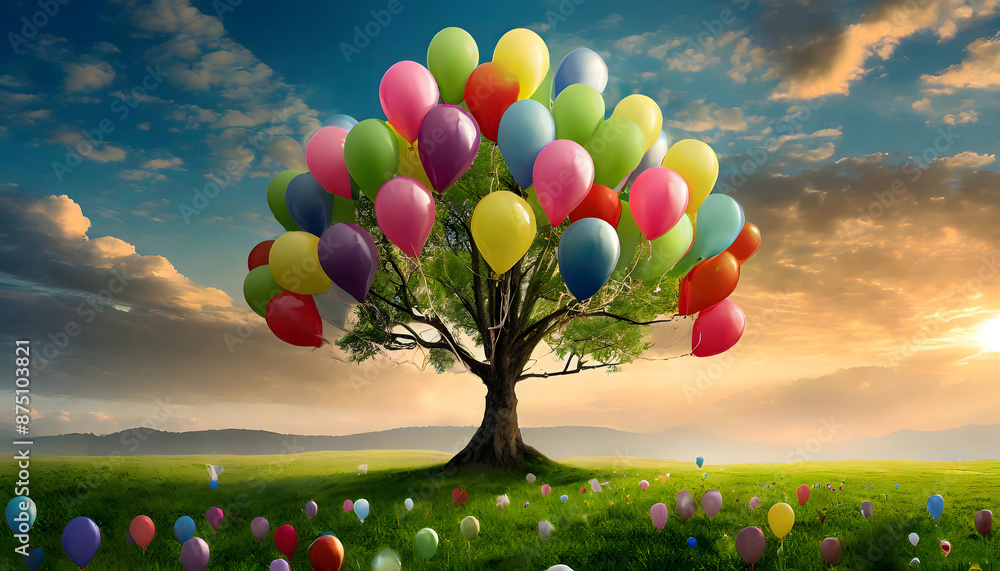 Aufkleber tree with balloons background. generative ai.