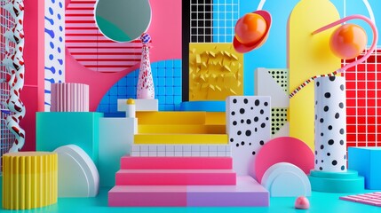 Obraz premium Playful and quirky Memphis style art in a neon colored 3D render AI generated illustration
