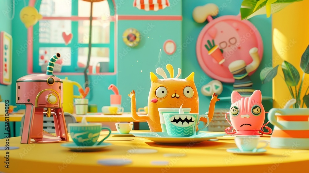 Poster playful characters enjoying their morning coffee in a quirky and colorful setting ai generated illus