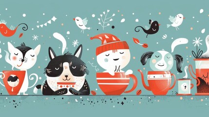 Playful characters enjoying coffee in a cute and quirky style AI generated illustration