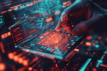 Secure online transactions, holographic payment interface, futuristic fintech, glowing accents