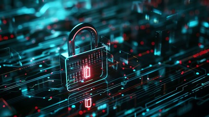 Data encryption, holographic security layers, advanced tech, dark theme